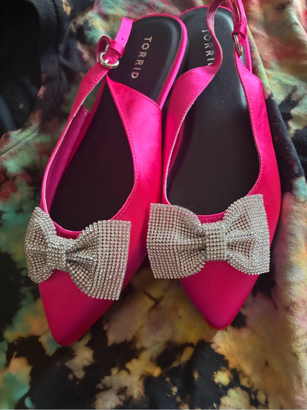 torrid Bright Pink Satin Pointed Slingback Flats with Rhinestone Bows